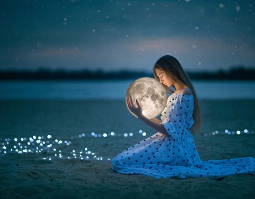 Beautiful Attractive Girl On A Night Beach With Sand And Stars H
